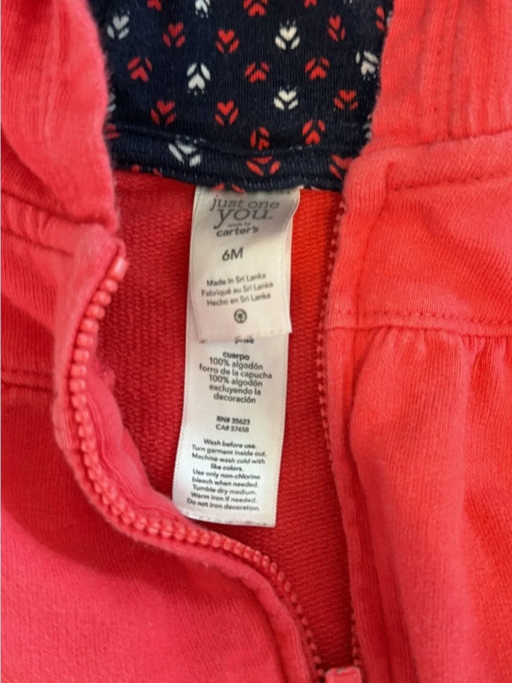 Carter's Coral Pink Hooded Zip Jacket with Navy Lined Hood